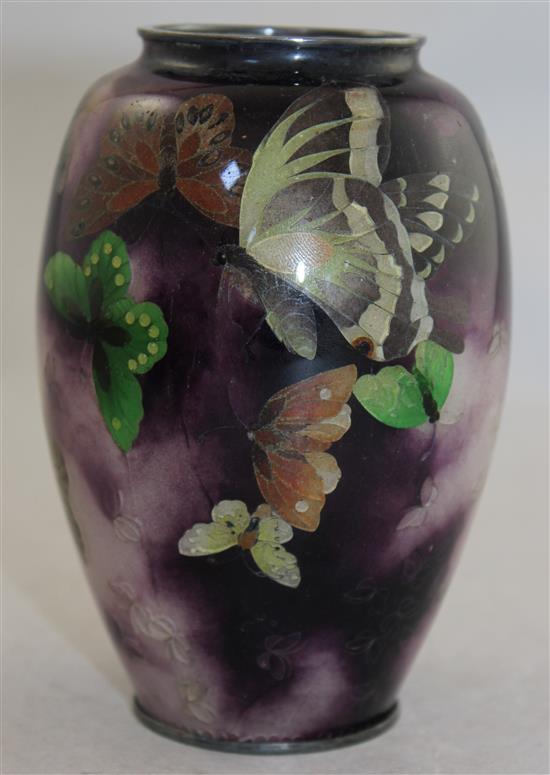 A Japanese plique a jour enamel ovoid vase, c.1910-20, height 12.5cm, hairline cracks